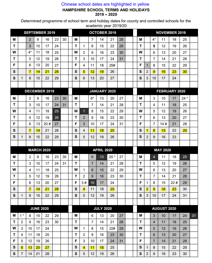 Calendar Southampton Chinese School